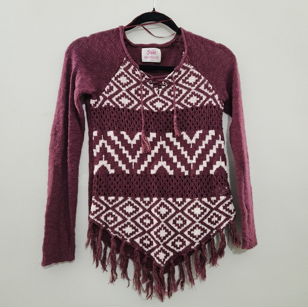 🦋 Justice Burgundy and White Patterned Fringe Sweater